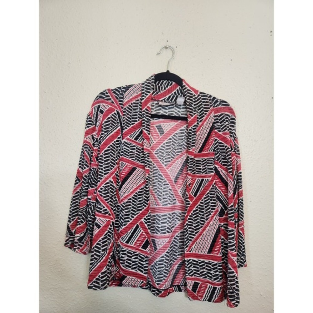 Easywear Chicos Womens Black Red Geometric 3/4 Sleeve Open Front Cardigan Size S